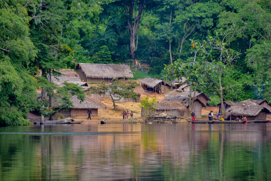Scenic view of a rural village along a river in the lush Congo rainforest.