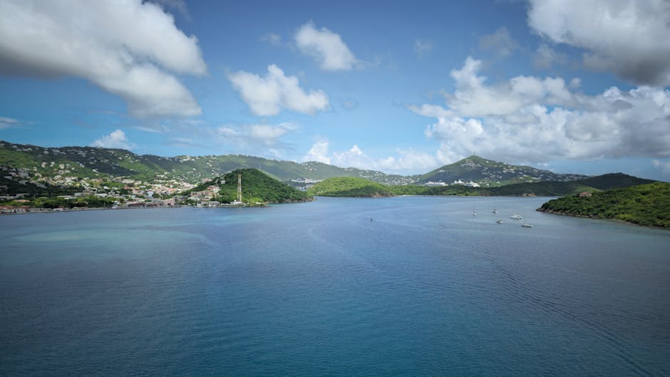 Breathtaking view of the Caribbean Sea with green hills and boats under a blue sky.