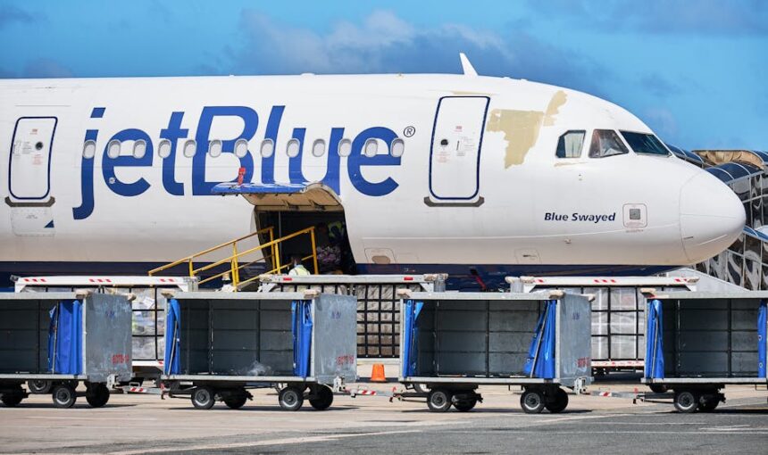 JetBlue Airbus with luggage carts at Punta Cana Airport, Dominican Republic.