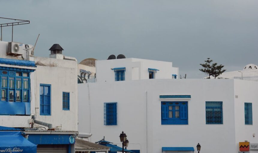 Charming white buildings with blue accents in the historic district of Carthage, Tunisia.
