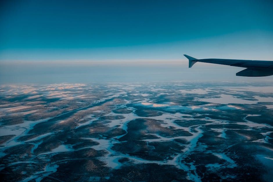 Asa de avião a voar num céu azul sem nuvens com o horizonte acima de um vasto terreno coberto de neve na natureza num dia de inverno