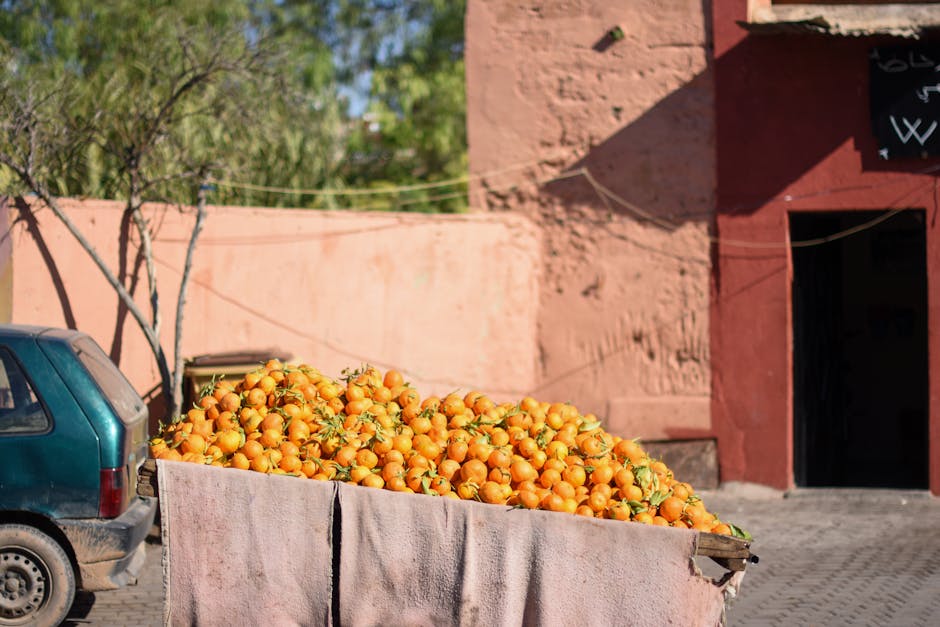 Um carrinho cheio de laranjas vibrantes numa rua soalheira em Marraquexe, Marrocos, a exibir a cultura local colorida.