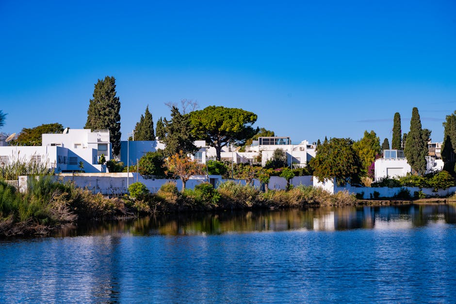 Beautiful white architecture in Sidi Bou Said, Tunisia, reflected in a serene lake under a vibrant blue sky.