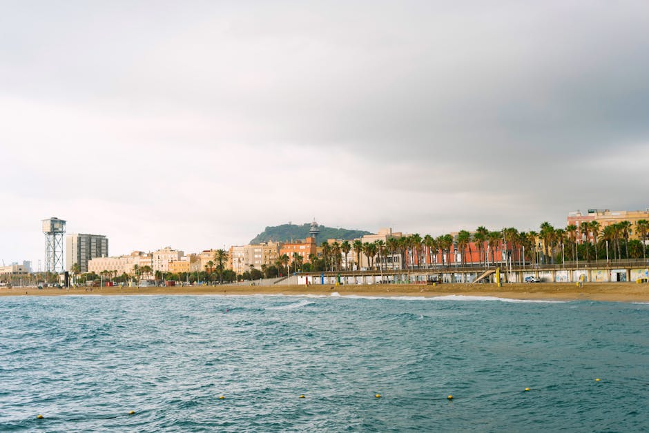 Vista da Praia de Barceloneta em Barcelona com a paisagem urbana e palmeiras sob um céu nublado.