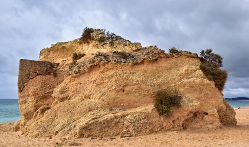 Uma formação rochosa agreste num dia nublado numa praia do Algarve, Portugal, realçando a beleza natural.