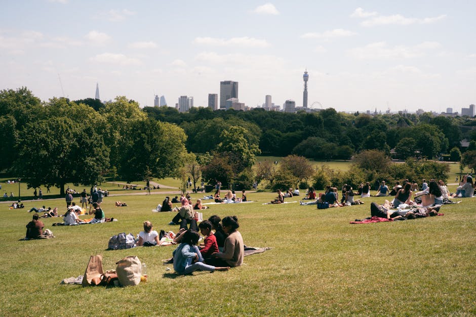 Pessoas a relaxar na Primrose Hill com vista para o horizonte de Londres num dia soalheiro.