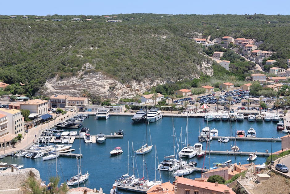 Aerial view of Bonifacio marina with yachts and lush greenery in Corsica, France.