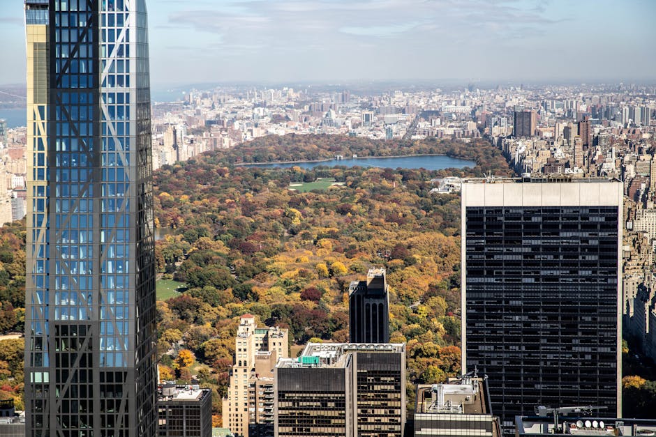 Vista aérea deslumbrante do Central Park de Nova Iorque, com folhagem de outono e arranha-céus.
