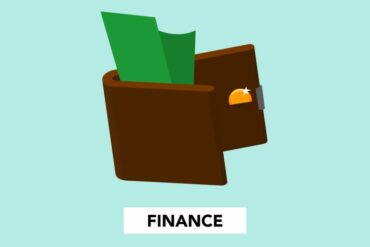 Ilustração simples com nota de dólar e moeda numa carteira sobre a inscrição "finanças" num fundo verde