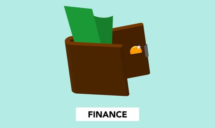Ilustração simples com nota de dólar e moeda numa carteira sobre a inscrição "finanças" num fundo verde