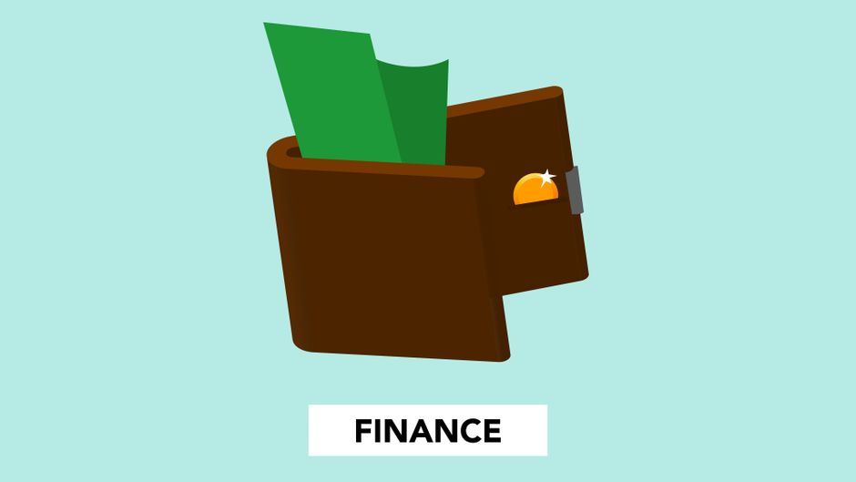 Ilustração simples com nota de dólar e moeda numa carteira sobre a inscrição "finanças" num fundo verde