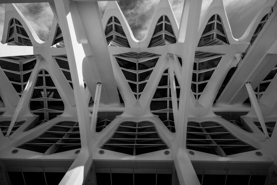 Fotografia marcante a preto e branco da arquitetura futurista do Museu de Ciência de Valência.
